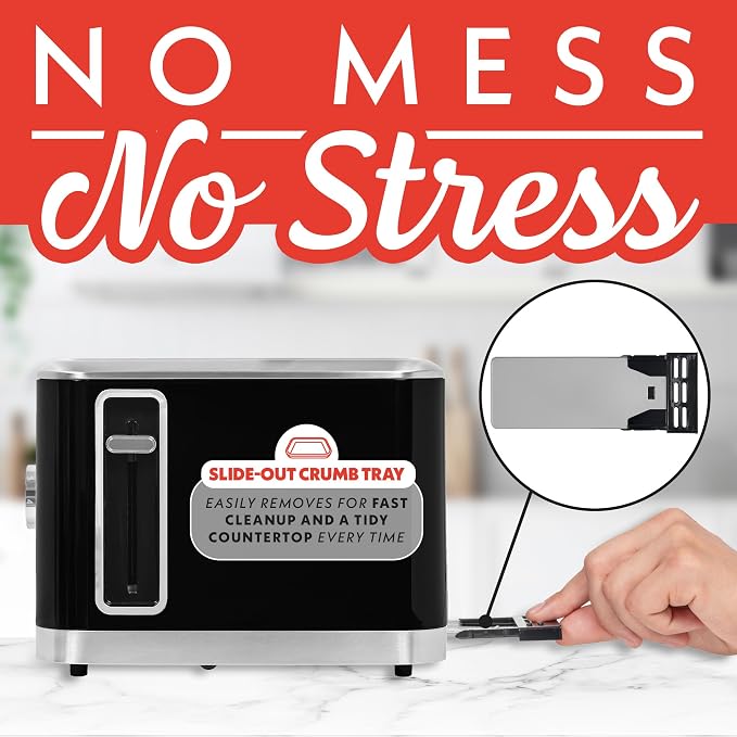 Gourmia 2 Slice Toaster – 6 Browning Levels with Bagel and Defrost Mode, One-Touch Toasting, Removable Crumb Tray, Extra Wide Slots, Compact Design, Black