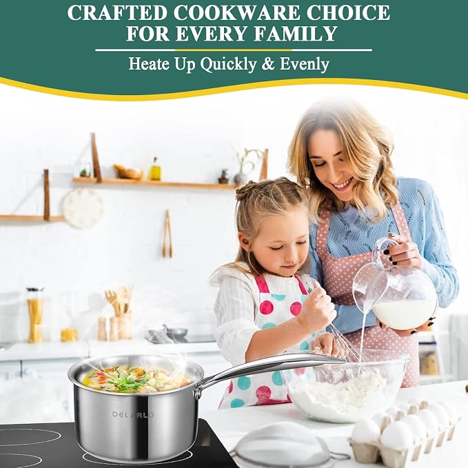 DELARLO Full-body Clad Tri-Ply Stainless Steel 2.5 Quart Saucepan with Lid | Stainless Steel Pot Induction Cooking Sauce Pot Pan, Heavy Duty Saucier Cookware, PFOA&PTFE Free