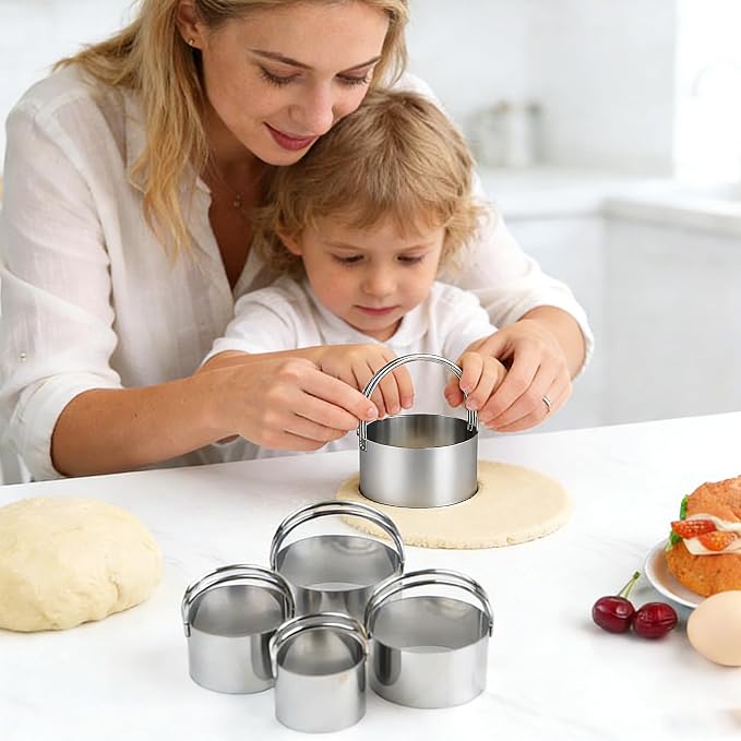Round Cookie Cutter Set Set of 5 with Handle, Stainless Steel Circle Biscuit Cutters for Baking, Donut, Pancake, Sandwich, Dumpling, Playdough – Nesting Storage, Dishwasher Safe