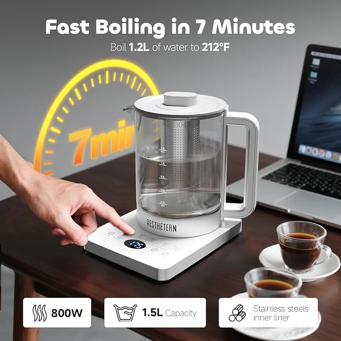 Electric Tea Kettle with Infuser, 1.5L Glass Water Boiler with Temperature Control, 24H Keep Warm & Auto Shut-Off, White