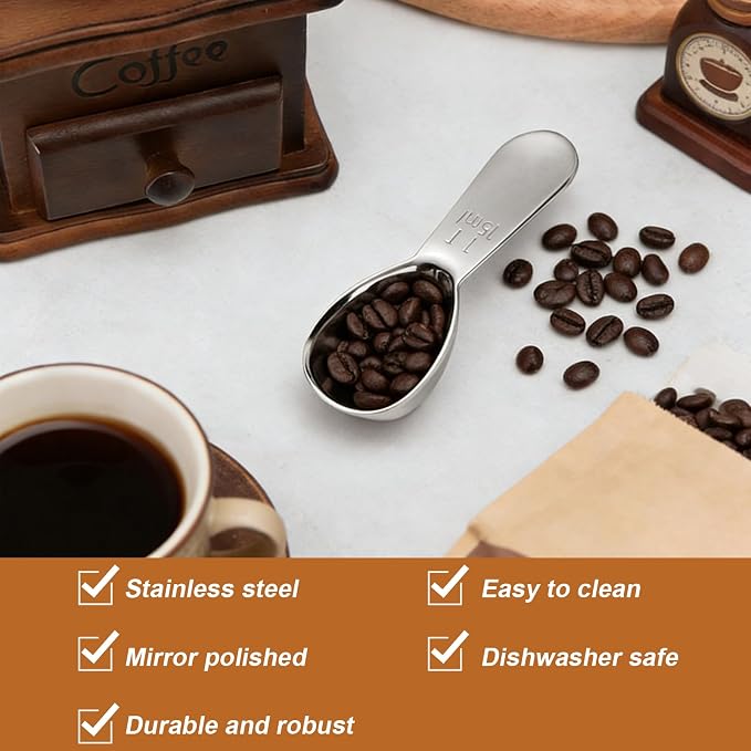 3 Pack 15ml (1 Tablespoon) 304 Stainless Steel Coffee Scoop, Short Handle Measuring Spoon for Ground Coffee/Beans, Fits in Canisters (3)