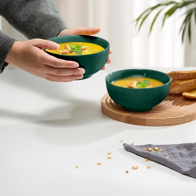 KooK Soup Bowls, Cereal Bowl, Ceramic, Bowls for Kitchen, Microwave, Dishwasher and Freezer Safe, Porcelain Dishes for Pasta, Salad, Oatmeal, Deep Interior, 20 oz, Set of 6, (Hunter Green)