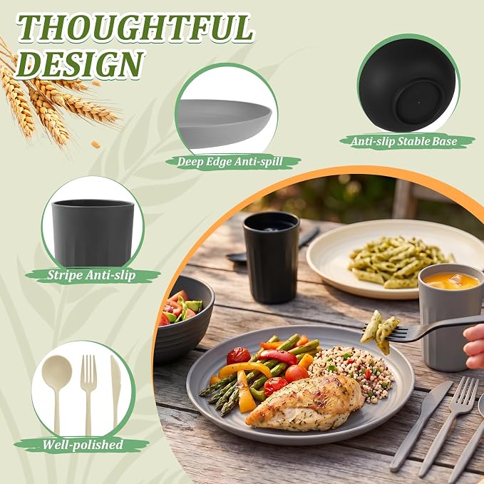 PYRMONT Plates and Bowls Sets 28 Piece Wheat Straw Dishes Set for 4 Unbreakable & Lightweight Dishware Sets for Kitchen,RV Essentials,Camping Cutlery Set Microwave & Dishwasher Safe-Grey Stone
