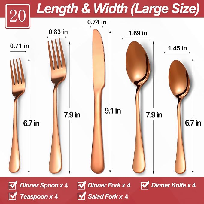 20 Pcs Rose Gold Silverware Set for 4, Food Grade Stainless Steel Flatware Set, Eating Utensils Sets Include Fork/Knife/Spoon, Reusable Cutlery Set for Home Kitchen, Dishwasher Safe, Round Edge
