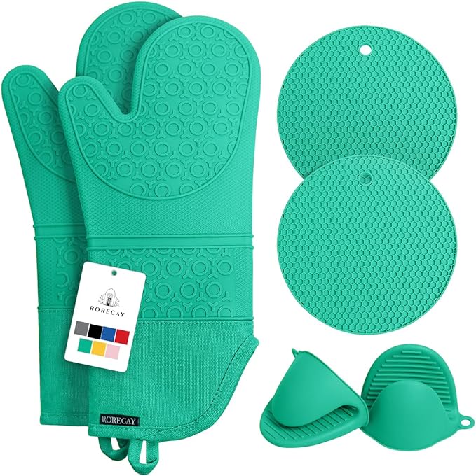 RORECAY Silicone Oven Mitts and Pot Holders Sets, Gloves for Kitchen, Green | Set of 6 Kitchen Mitts for Baking & Cooking, Heat Resistant 500 ℉, 15" Extra Long, Non-Slip & Waterproof, Quilted Cotton