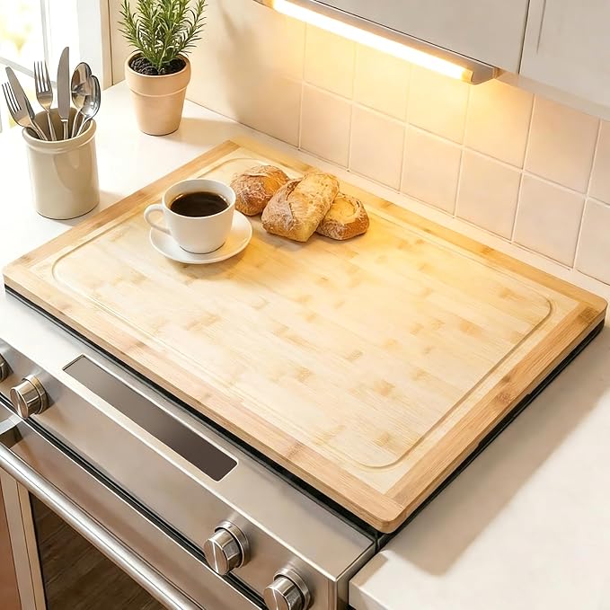 Bamboo Stovetop Cover for Electric Stove & Gas Range, 27.56 x 19.69 In, Lightweight Stove Top Cover with Built-In Handles, Juice Groove & Smooth Flat Surface for Extra Counter Space