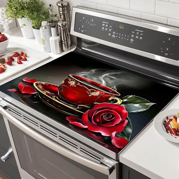 HOMETITUTE Red Rose Tea Cup Stove Top Cover 28x20 Romantic Mat