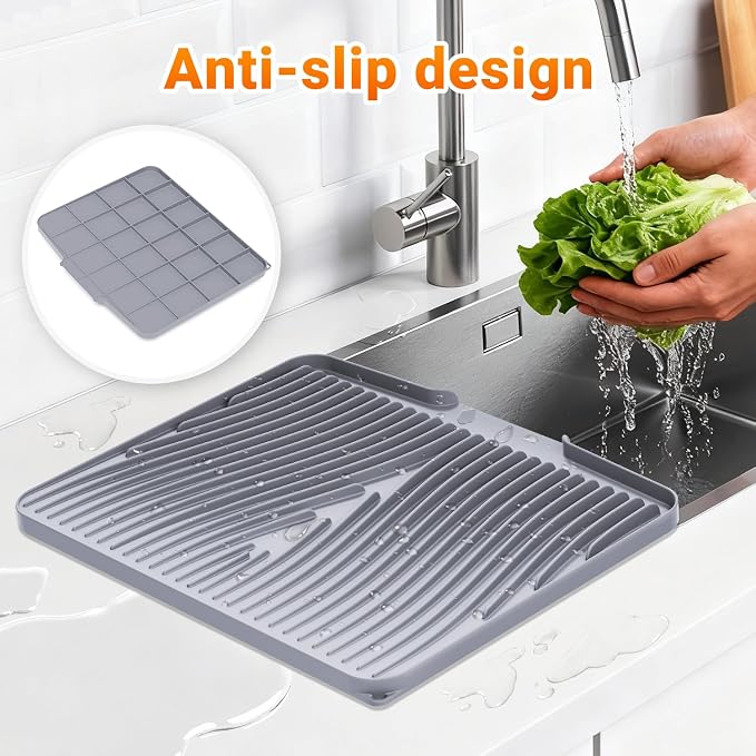 Silicone Dish Drying Mat for Kitchen counter | 15.8"x13" Dish Drainer Mat, Heat-Resistant Kitchen Counter Mat & Over-Sink Drying Tray, Drainage Spout & Hanging Hook, Grey