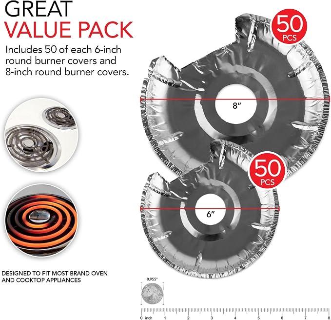 Round Electric Stove Burner Covers (100 Pack) 6 Inch and 8 Inch Disposable Stove Top Aluminum Foil Bib Liners, to Keep Kitchen Range Clean from Oil and Food Drips, Stock Your Home