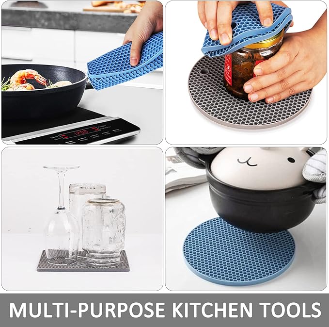 Trivets for Hot Dishes, 4 Pack Silicone Hot Pads for Kitchen, Non-Slip Heat Resistant Silicone Mat for Countertops, Spoon Rest, Multipurpose Food Grade Thick Trivet(Gray& Blue) Pot Holders