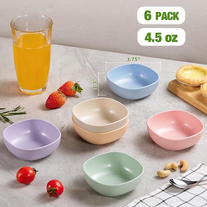 Hlukana 6 Pack Wheat Straw Soy Sauce Dishes, 4.5 OZ Small Dessert Bowls, Unbreakable Dipping Bowl, Pinch Bowls Set, Dipping Sauce Cups, Mini Prep Bowls, Dip Bowls for Side Dish, Ketchup, Soy, BBQ