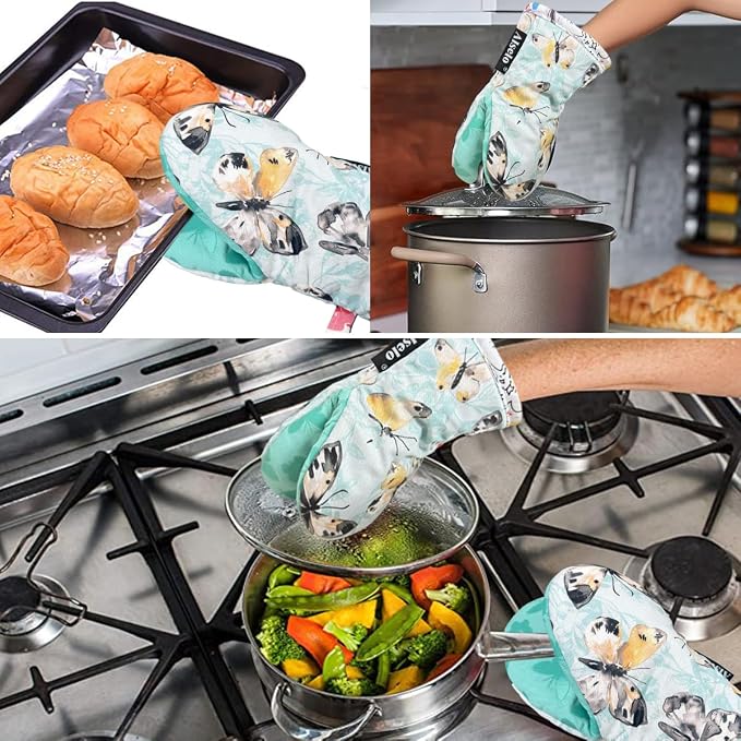 Alselo Mini Oven Mitts 2-Pack Set,Silicone Little Kitchen Gloves | Heat Resistant with Non-Slip Grip and Soft Quilted Cotton Lining for Safe Backing Cooking Barbecue (Turquoise, Butterfly, 2)
