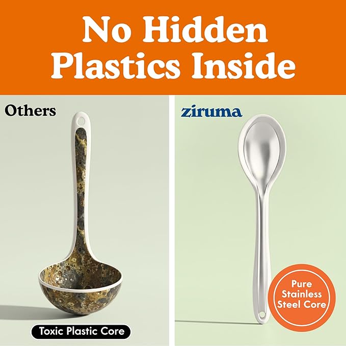 NonToxic Platinum Silicone Utensils, 100% Plastic-Free, 8-Pcs, Gray | LFGB-certified platinum silicone. Solid steel core, no hidden plastics. 500°F heat resistant. Non-scratch. Dishwasher safe