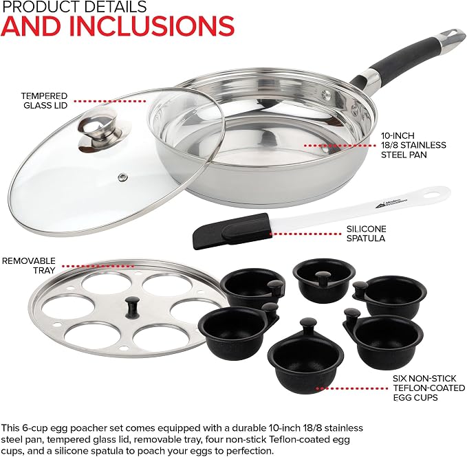 Modern Innovations Egg Poacher Pan - Nonstick Stainless Steel Maker With Handle, 6 Cups, and Silicone Spatula