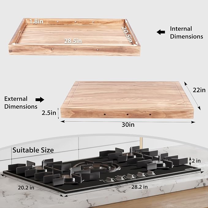 Wooden Stove Top Covers for Gas Burner and Electric Stove, Glass Cooktop Protector, Wood Noodle Board Stovetop Cover With Handles, Rustic