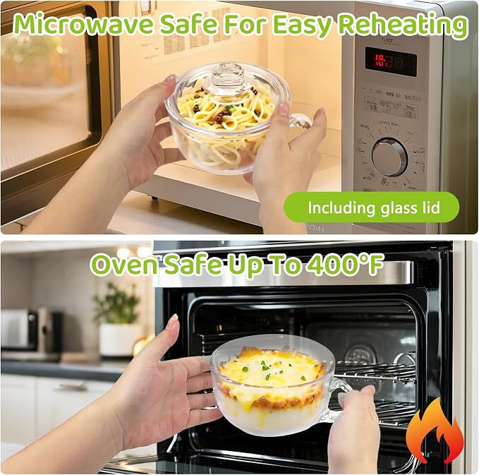 Clear Soup Bowls with Handle and Glass Lid Microwave Round Bowls Glass Cereal Cup Mug Mixing Bowl Insulated Oatmeal Bowl for Breakfast Rice Salad Fruit Yogurt,1 Pack