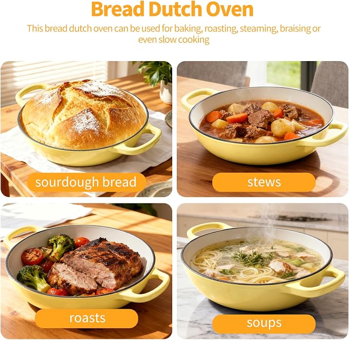 6QT Enameled Cast Iron Yellow Dutch Oven For Sourdough Bread Baking | Dutch Oven Pot With Lid,Non-stick Sourdough Baking Pan with Bread Dome,Round Ceramic Dutch Oven Pot for Homemade