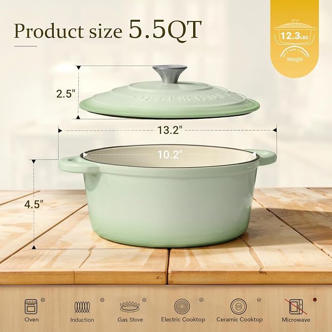 Overmont Enameled Cast Iron Dutch Oven - 5.5QT Pot with Lid Cookbook & Cotton Potholders - Heavy-Duty Cookware for Braising, Stews, Roasting, Sourdough Baking Verdant