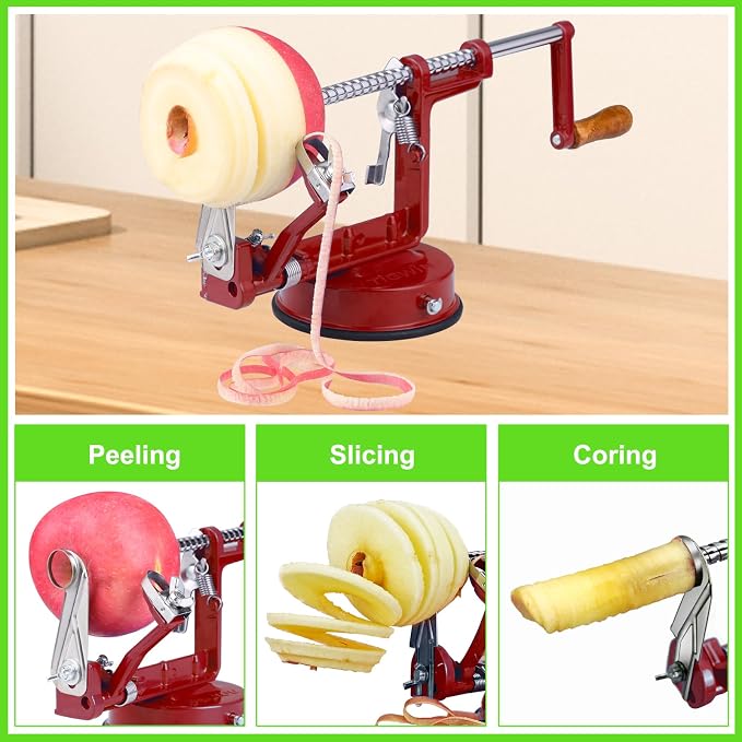 Apple Peeler Corer, Long lasting Chrome Cast Magnesium Alloy Apple Peeler Slicer Corer with Stainless Steel Blades and Powerful Suction Base for Apples and Potato(Deep Red)