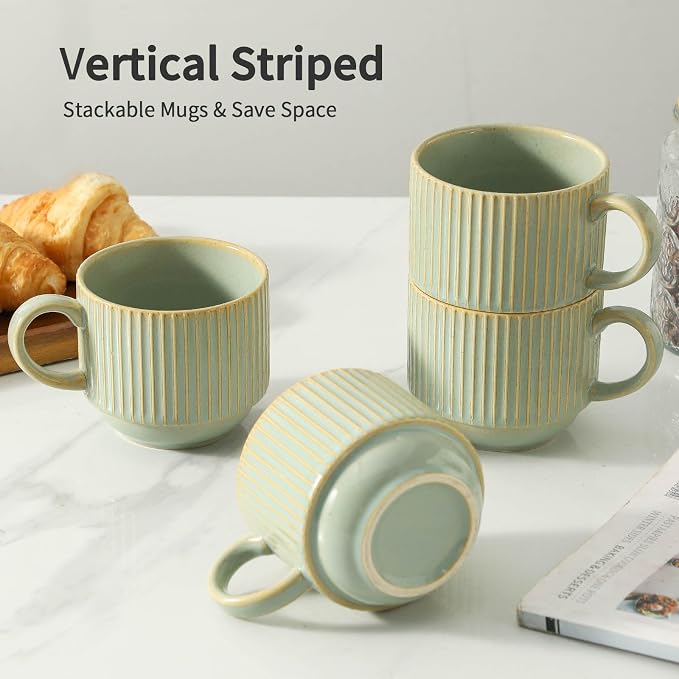 HASENSE Coffee Mugs with Metal Stand, Ceramic 15 Oz Stackable Coffee Cups Set of 4, Vertical Striped Latte Mugs with Holder, Space-Saving Mug Rack for Kitchen, Green