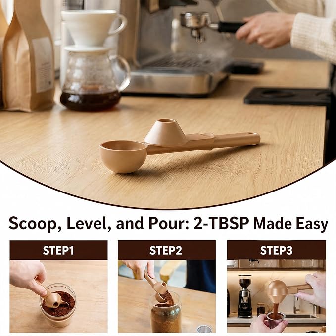 2 Pcs Coffee Scoop with Funnel for Reusable K Cup, 2 TBSP Measuring Spoon | Mess-Free Funnel Design, Sliding Leveler for Precise 2 TBSP, Long Handle for Ground Coffee, Protein Powder & Tea