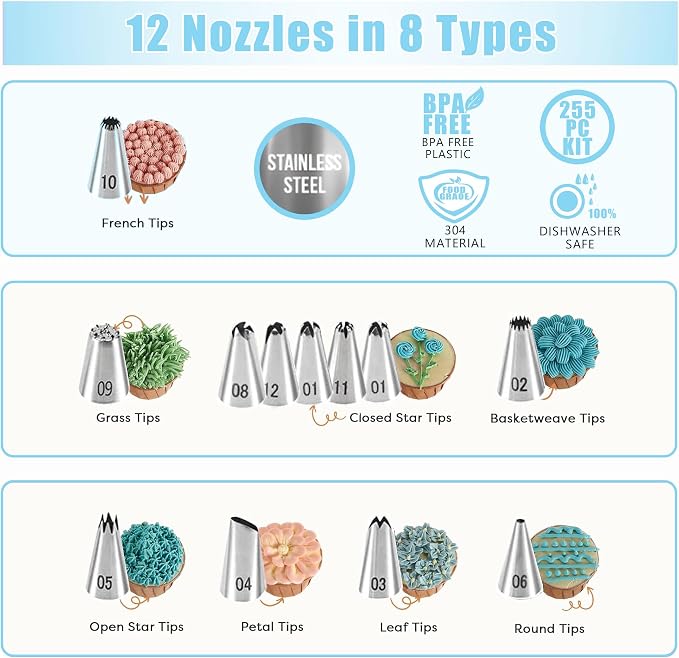 Cake Decorating Supplies Kit Tools 255pcs, Cake Decorating Set with Cake Turntable, 12 Numbered Icing Piping Tips, Cookie Cutters, Icing Smoother & Other Accessories for Cake Decoration (255, Blue)