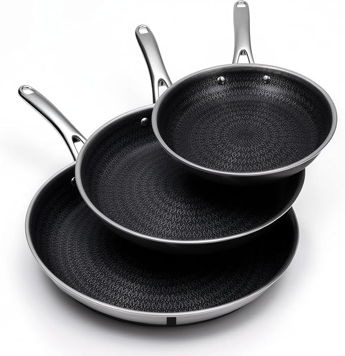 Ammeloo Hybrid Tri-Ply Stainless Steel Frying Pan Set, 8"/9.5"/11" Cooking Pans, Non Stick Frying Pans and Skillets, Chef Pan, Non Toxic, Dishwasher Safe, Induction Compatible, Black Interior