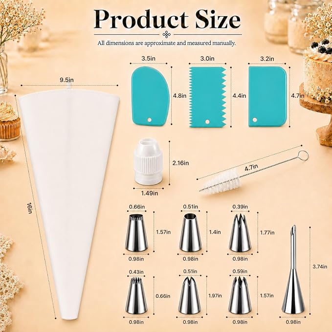 Reusable Piping Bags And Tips Set, 2 16-Inch Cotton Bags, 7 Tips | Stainless Steel Nozzles, 3 Silicone Ties, 2 Piping Tip Couplers, 3 Blue Scrapers, White Cleaning Brush, Piping Tip Guide