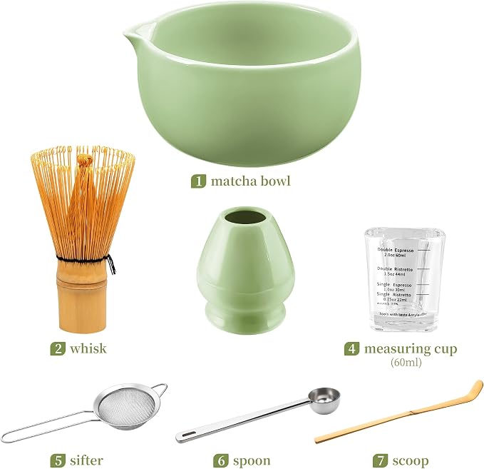YIBO Matcha Whisk Set, Matcha Kit Bamboo Whisk and Ceramic Bowl with Spout & Measuring Spoon & Cup, Japanese Ceremony Matcha Tea Making Tools Green