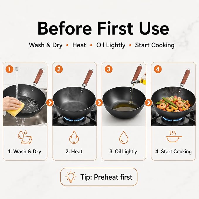 WANGYUANJI 10.24-Inch Carbon Steel Wok with Lid, Flat Bottom Small Wok Pan for 1–3 Servings, Uncoated Stir Fry Pan, Glass Lid, Induction/Gas/Electric Compatible, Wood Handle, Black