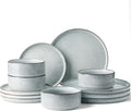 Famiware Annecy 12-Piece Stoneware Dinnerware Set, Grey Blue | Stoneware Plates and Bowls for 4, Handmade Reactive Glaze, Microwave & Dishwasher Safe, Chip & Scratch Resistant