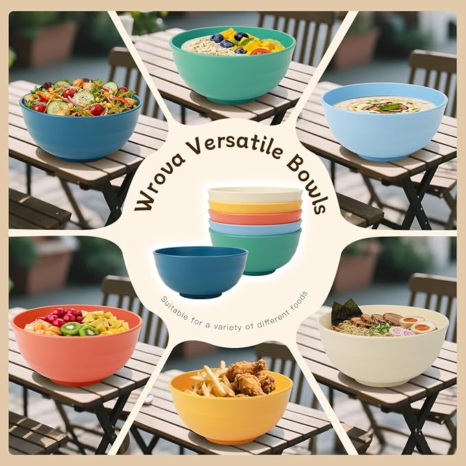 Large Cereal Bowls Set of 6, Unbreakable Wheat Straw Bowls 60oz, Microwavable Bowls for Popcorn,Soup,Dinner, Reusable Plastic Big Bowls for Picnic,Kitchen- Vibrant Series