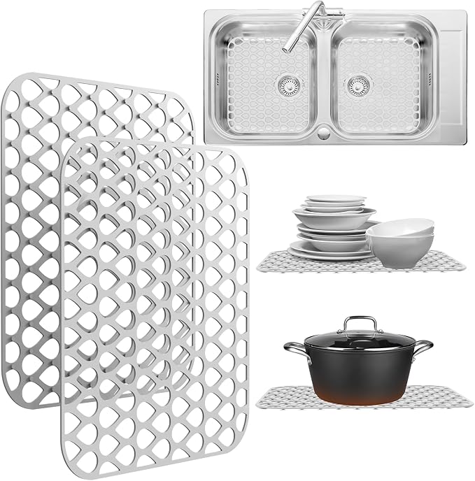 Silicone Sink Protectors for Kitchen Sink – 2 Pack Kitchen Sink Mats for Bottom of Sink – Heat-Resistant, Dishwasher-Safe Sink Grid – Non-Slip Sink Accessories, Flexible Sink Protector Mat – White
