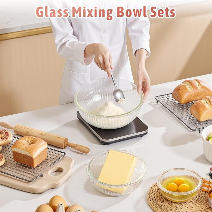 Glass Mixing Bowls with Lids Sets, 4 PCS serving bowls for party or kitchen | For Baking, Meal Prepping and Salad, Bpa Free and Dishwasher and microwave Safe Serving Bowls, 0.2 / 0.5 / 1.1 / 2.1 QT