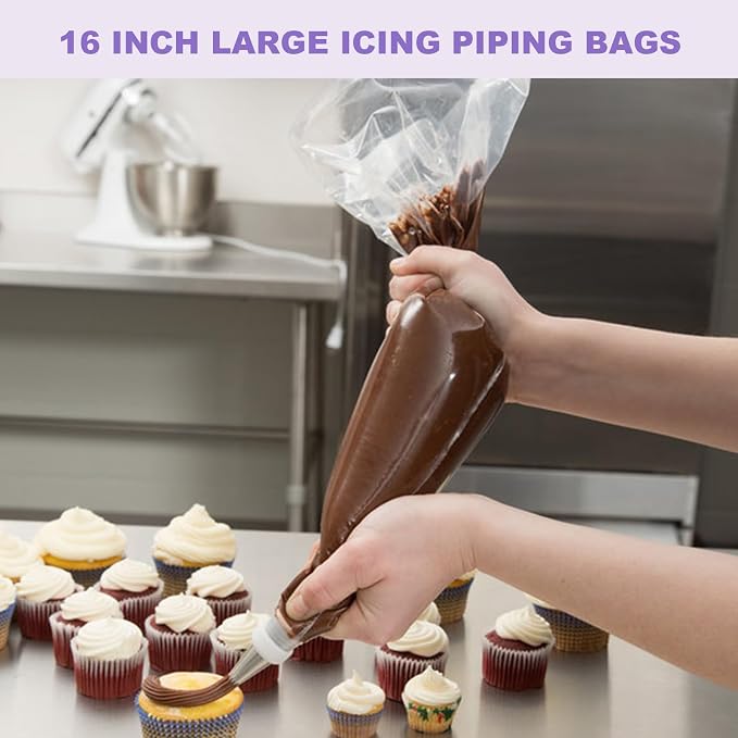 firstake Disposable Piping Bags 16 Inch 100 Pcs, Thickened for Cake Décor | Food Grade PE, Clear & Thickened, Anti-Burst, 100 Pcs + 6 Tips + 2 Couplers, for Cookies, Deviled Eggs, Cupcakes