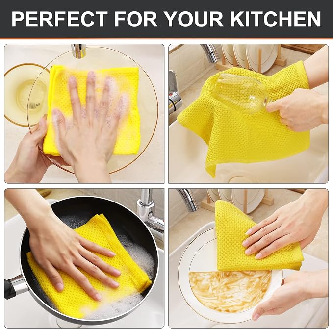 Kitinjoy 100% Cotton Waffle 6-Pack Kitchen Towels, 12" x 12", Yellow | Ultra Absorbent, Super Soft, lightweight, Quick Drying Dish Rags for Washing Dishes