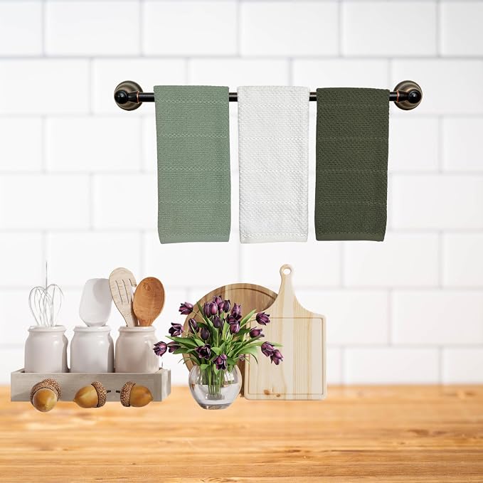 Sage White Dark Green Kitchen Dish Towels, Set of 3, 100% Cotton, 18" x 28" | Terry Loop Textured, Soft & Absorbent Cleaning Cloth, Quick Dry, Multipurpose for Everyday Use