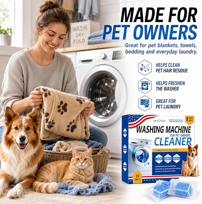 Enzyme Washing Machine Cleaner Tablets for Pet Owners, Deep Clean | Throughly Remove Wash Deodorizer Pet Odor & Hair Residue, for HE Front/Top Load Washers, 24 Count,1 Year Supply
