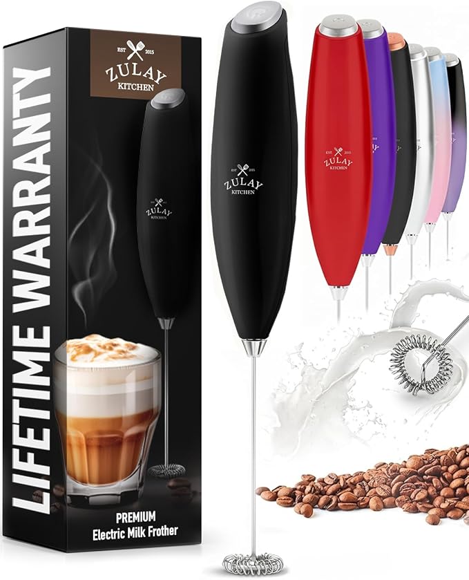Zulay Kitchen Milk Frother Handheld Electric Whisk – Frother Wand with 2 Duracell Batteries, Durable Drink Mixer, Coffee Frother, Hand Blender, Frother for Protein Powder, Matcha & More - Black