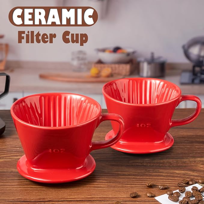 Pour Over Coffee Dripper, Ceramic Pour Over Coffee Maker, Red | 3 Holes Flat Bottom, Easy Manual Brew Maker, Porcelain Slow Filter Cone for Travel, Camping, Office, Home