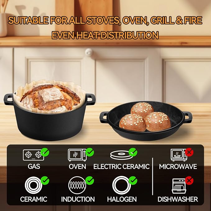 Cast Iron Dutch Oven for Bread Baking, 2-in-1 Pre-Seasoned Dutch Oven Pot | Banneton Bread Proofing Basket Sourdough Bread Baking Supplies, Dutch Oven Pot with Skillet Lid Cooking Pan Handles Lame, 5QT