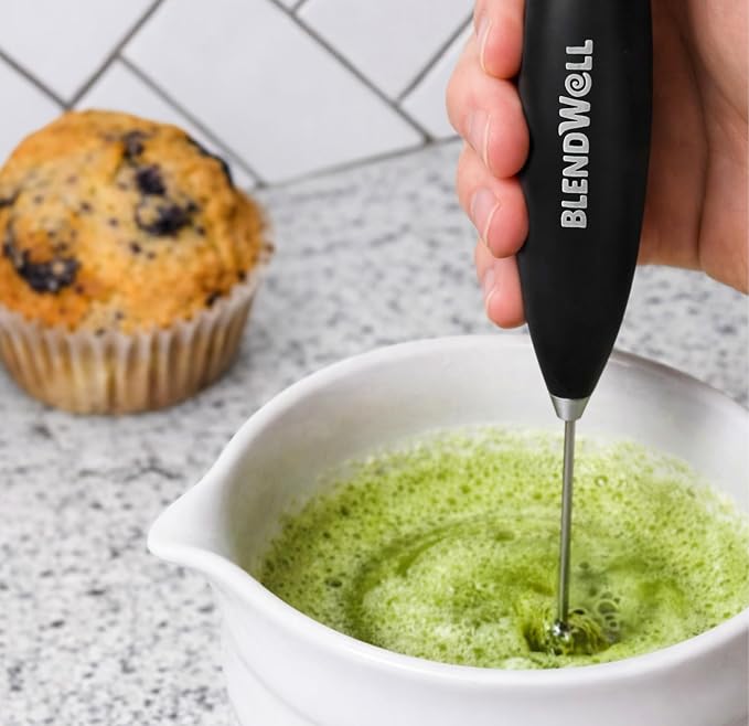 BlendWell Electric Milk Frother for Matcha and Coffee, Handheld Battery Operated Drink Mixer with Stand, Stainless Steel Whisk, Black