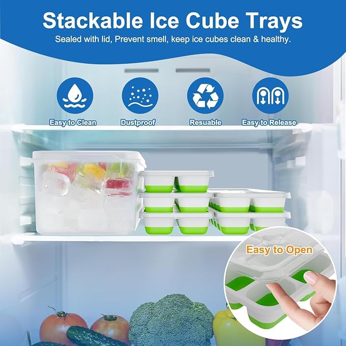Ice Cube Trays for Freezer with Lid and Bin, 4 Pack Silicone Set | Easy-release BPA-free ice molds with lids, storage bin and dishwasher-safe design for coffee, whiskey and cocktails.