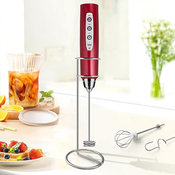 Milk Frother Wand Rechargeable Handheld Electric Whisk 3 Speed Adjustable | Coffee Frother Wand with 3 Stainless Whisks Electric Foam Maker Drink Mixer Blender for Latte Cappuccino Matcha Egg