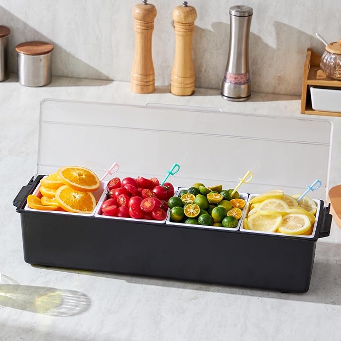 VEVOR Chilled Condiment Server, 4 Compartment Ice Cooled Condiment Serving Container, Chilled Garnish Tray Bar Caddy with Lid, for Bartending & Serving Taco, Salad, Fruit, Home & Restaurant Supplies