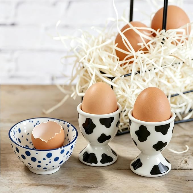 Cinf Ceramic Egg Cups, Set of 2, Cow Print Boiled Egg Holders for Breakfast | Set of 2 ceramic egg cups, classic white design, easy to clean, ideal for boiled eggs, breakfast serving and holiday gifting