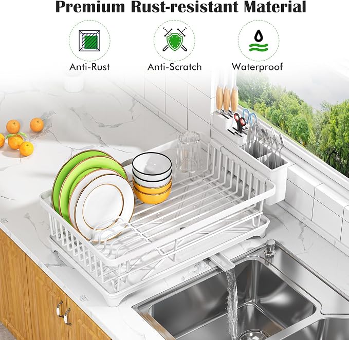 Kmiectse Dish Drying Rack for Small Kitchen Counter with Utensil Holder | Space Saving, Rust Resistant, Quick Drainage Dish Rack, Compact Dish Drainer Organizer for Home Kitchen, White