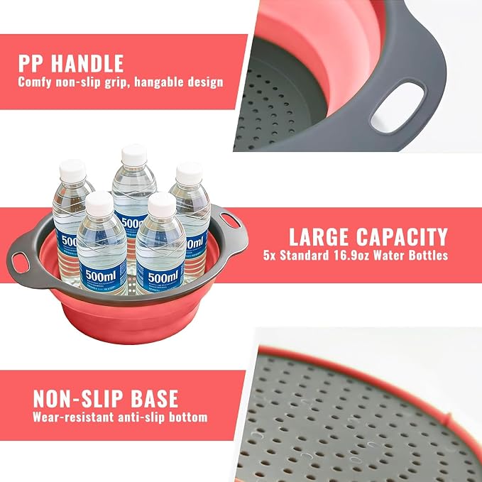 2 Pack Collapsible Silicone Colander with Handle, Over Sink Foldable Food Strainer, BPA-Free Space Saving Drain Basket for Vegetables, Fruits, Pasta, Kitchen & Camping (Red)