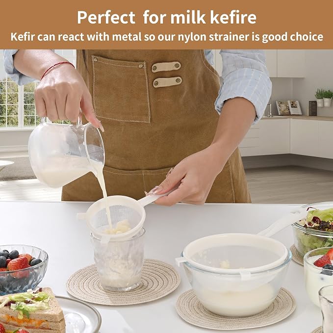 Luckyiren Kefir Strainer Set, 3-Size Plastic Non-Metal Sieve with Fine Mesh | Colander Sifter for Kefir Grains, Milk Kefir, Water Kefir & Kombucha & Quinoa - Durable, Food Grade & Easy Clean