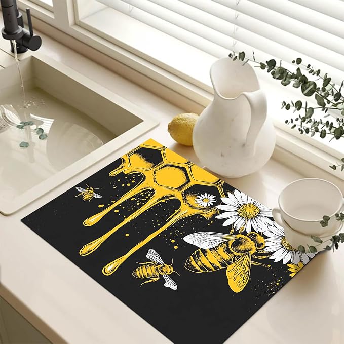 HOMETITUTE Honey Bee Stove Top Cover 28x20 Honeycomb Daisy Diatomite Mat